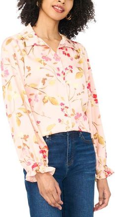 Vince Camuto Floral Print Ruffle Trim Shirt in Cozy Peach at Nordstrom, Size X-Small