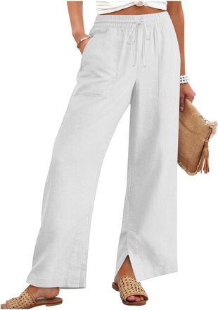 Generic Linen Trousers Womens Straight Leg Trousers Elasticated Waist Drawstring Cotton Palazzo Pants Ladies Casual Pants with Pockets Womens Clothing (White,