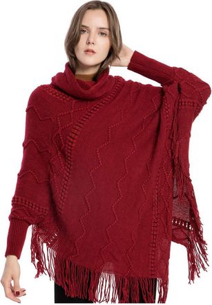 ACVIP Womens Fringed Hem Turtleneck Poncho Winter Knit Shawls Cape Batwing Sleeve Jumper Top (Purplish Red)