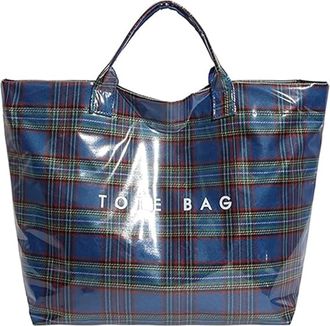 Generic Christmas Red Plaid PVC Tote Bag for Women - Large Vintage Letter Print Plastic Handbag with Top Handle, Spacious Shopping Work Gift (Blue)
