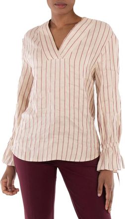 Benjamin Benmoyal Ladies Beige Stiped Linen V Collar Shirt, Size Medium