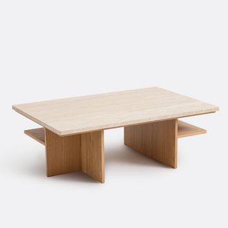 La Redoute Interieurs Salontafel XL, travertin en eikenfineer, 120 cm breed, CALISTE