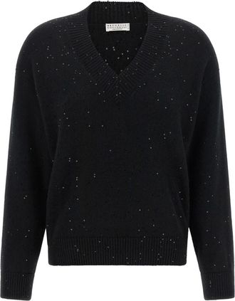 Brunello Cucinelli Black Embellished V Neck Sweater