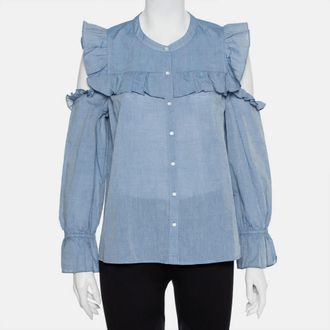 Joie Blue Cotton Cold Shoulder Ruffled Button Front Akari Top
