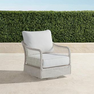 Frontgate Savannah Swivel Lounge Chair with Cushions in Ivory Wicker - Standard, Snow with Logic Bone Piping - Frontgate