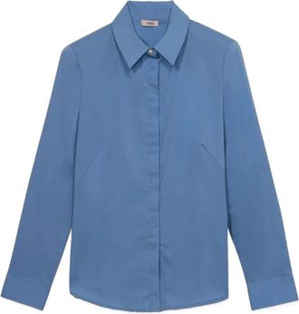 Oltre Poplin Blouse met Juweelknopen - Dames - Overhemden - Blauw - 4XL - Katoen - Overhemden