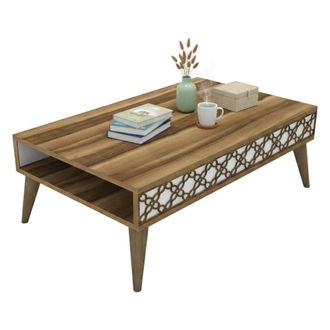 Dmora Mesa De Caf&eacute; Scheat, Mesa De Centro Baja, Revistero Para Sof&aacute;, Estante De La Sala De Estar, 105x60h37 Cm, Nogal Y Blanco, Con Embalaje Reforzado - Dmo