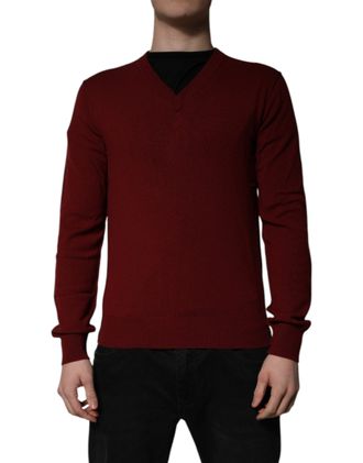 Dolce & Gabbana Maroon Cashmere V-neck Men Pullover Mens Sweater