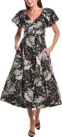 Teri Jon by Rickie Freeman Teri Jon By Rickie Freeman V-Neck Puff Sleeve Pleated Silk & Linen-Blend Dress