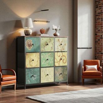 OEM Comoda Vintage - 9 Cajones - Motivos Florales - Madera De Roble Natural - Acero Robusto