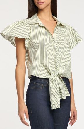 Cinq &agrave; Sept Sophie Stripe Flutter Sleeve Maria Shirt in Ivory/Lime at Nordstrom, Size Xx-Small