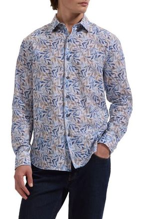 Bugatchi Julian Shaped Fit Leaf Print Cotton & Linen Button-Up Shirt in Cobalt at Nordstrom, Size Xx-Large