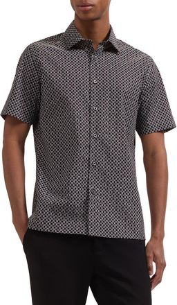 Bugatchi Vero Shaped Fit Geometric Print Short Sleeve Button-Up Shirt in Black at Nordstrom, Size X-Large