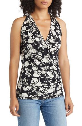 Loveappella Print Faux Wrap Tank in Black/Ivory at Nordstrom, Size X-Small