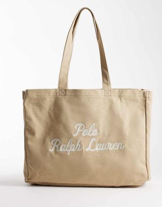 Polo Ralph Lauren Borsa shopping in tela ricamata color cuoio-Marrone