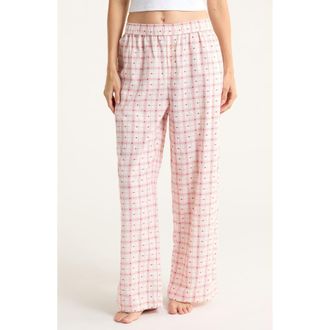 Open Edit Print Flannel Boxer Pajama Pants in Ivory- Red Heart Sketch Plaid at Nordstrom Rack, Size X-Large