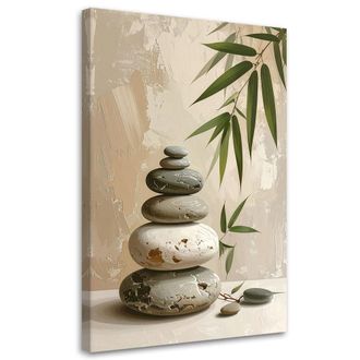 Feeby Cuadro En Lienzo, Piedras Zen Spa Hojas De Bamb&uacute; En Beige, 80x120