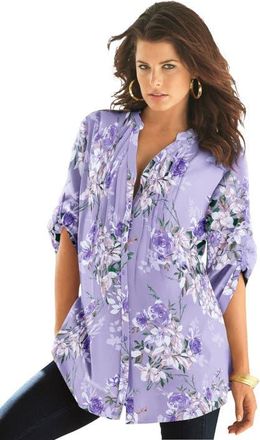 Roaman's Pintuck Tunic Blouse Y-Neck & Roll-Tab Sleeves in Lavender Romantic Rose at Nordstrom, Size 42