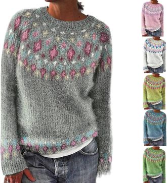 Generic Knitted Sweater Women, Retro Bohemian Knitwear Sweater Winter Warm Cozy Sweater Lightweight Long Sleeve Cropped Pullover Soft Chunky Knit Sweater Casu