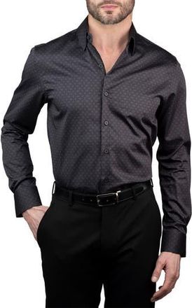 Karl Lagerfeld Trim Fit Grid Monogram Cotton Dress Shirt in Black at Nordstrom Rack, Size 16.5