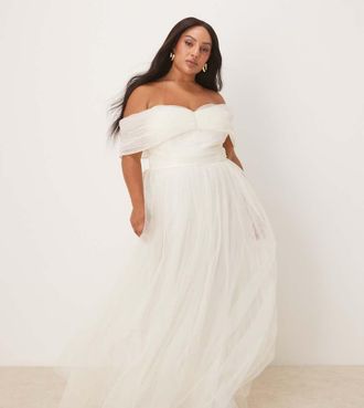 Lace & Beads Plus bow off shoulder tulle maxi dress in ivory-White
