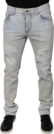 Dolce & Gabbana Mens Light Blue Cotton Blend Tattered Skinny Denim Jeans Polyester Elastane Clothing