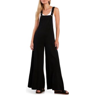 BILLY T Butterfly Ruffle Leg Cotton Blend Overalls in Caviar at Nordstrom, Size X-Large
