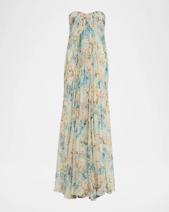Alexander McQueen Goddess Floral Draped Bustier Strapless Silk Maxi Dress