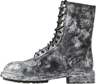 Dolce & Gabbana Black Gray Leather Mid Calf Boots Mens Shoes