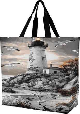Generic Black And White Lighthouse Reusable Shopping Bags Large Capacity Grocery Bag Heavy Duty Tote for Women 40x40x16cm