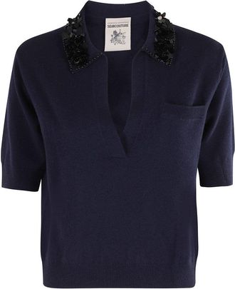 Semicouture Midnight Polo Shirt With Classic Sequined Collar