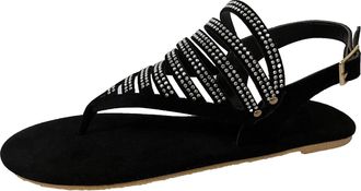 Generic Thong Sandals For Women Rhinestone Embellishments Sandals Solid Color Leather Sandal T-Bar Flat Roman Sandal Ankle Strap Buckle Shoes Fashion Walking 