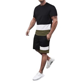 Generic Mens Tracksuit Full Set Mens 2 Piece Outfits Shorts Contrasting colors Crewneck Short Sleeve+Elastic Waist Shorts with Drawstring and Pockets Summer C