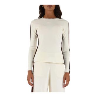 Elisabetta Franchi Round-neck Knitwear, female, Beige, Size: 2XL Viscose Knit with Shiny Bands