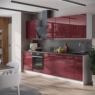Vicco Mueble De Cocina Fame-line, Rojo Burdeos Alto Brillo/blanco, 280 Cm, Et Roble, Vicco
