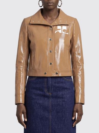 Courr&egrave;ges Cropped Slim Fit College-Style Leather-Effect Jacket with Contrast Logo