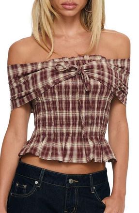 Princess Polly Avalynn Check Smocked Off the Shoulder Top in Brown Check at Nordstrom, Size 10