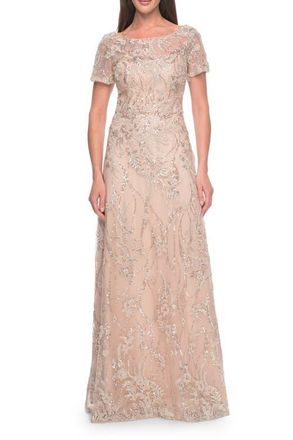 La Femme Gorgeous Beaded Mother of the Bride Dress with High Neckline in Blush at Nordstrom, Size 18