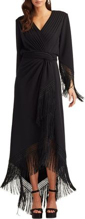 Tadashi Shoji Fringe Detail Long Sleeve Gown in Black at Nordstrom, Size X-Large