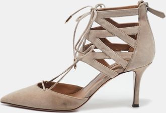 Aquazzura Beige Suede Belgravia Lace Up Pointed Toe Pumps
