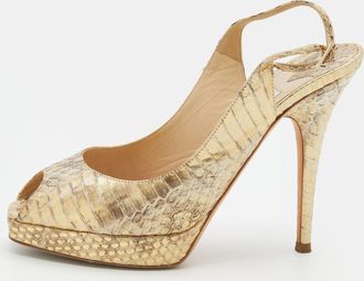 Jimmy Choo London Metallic Gold Watersnake Platform Slingback Peep Toe Pumps