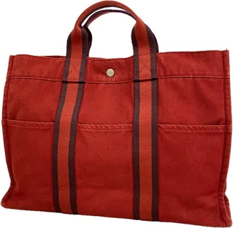 Herm&egrave;s Red Color Canvas Tote Bag (Pre-Owned)