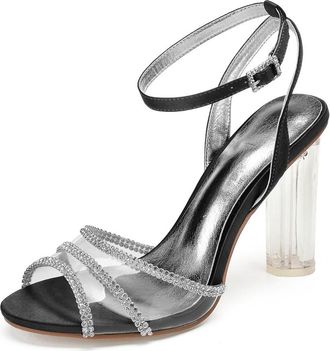 Generic Wedding Bridal Heels Womens Heels Ankle Strap Chunky Heel Dress Sandals Open Toe Bridal Satin Prom Party Dress Pumps 10.5Cm,Black,6 UK