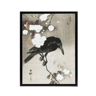 Artery8 Crow With Cherry Blossom Flowers Framed Canvas Wall Art Print Koson in Grey | Size: W24 x H32