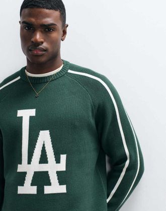 New Era LA Dodgers - Maglione color verde scuro con logo grande e profili a contrasto