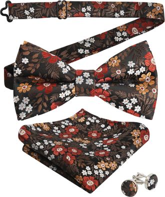 Alizeal Mens Floral Pattern Pre-tied Bow Tie, Pocket Square and Cufflinks Set, Brown+Orange+Red