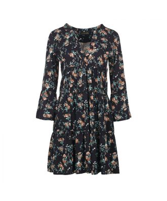M&oacute;veis Conquista Womens Black Floral A Line Dress with Bell Sleeves - Size Medium