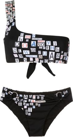 Amir Slama text-print one-shoulder bikini - women - Polyamide/Elastane - GG - Black