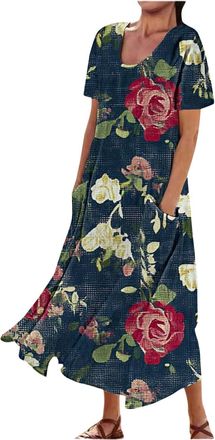 Generic Womens Ruched Midi Dresses Flowy Loose Workout Womens Loose O NeckT T Shirt Dress Short Sleeve Comfy Casual Cute Swing Dress with Pockets Knee Length 