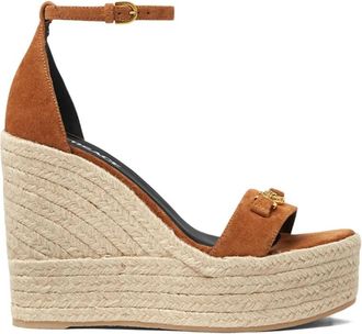 Versace Karamelbruine Gevlochten Raffia Sleehak - Dames - Sleehakken - Bruin - 39 EU - Schoenen